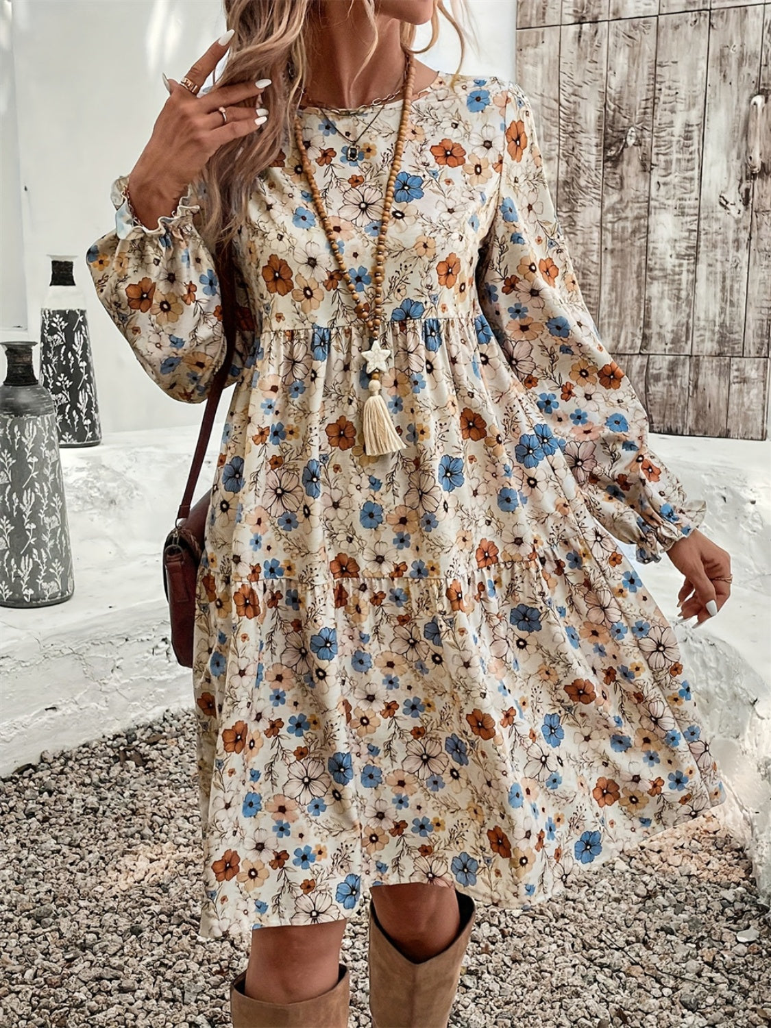 Ruffled Printed Round Neck Long Sleeve Dress Trendsi