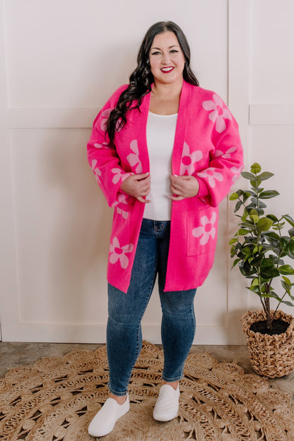 1.10 Open Front Knit Cardigan With Pockets In Hot Pink Florals American Boutique Drop Ship
