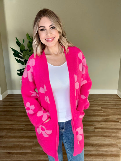 1.10 Open Front Knit Cardigan With Pockets In Hot Pink Florals American Boutique Drop Ship
