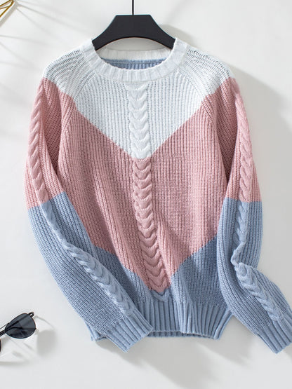 Color Block Round Neck Long Sleeve Sweater Trendsi