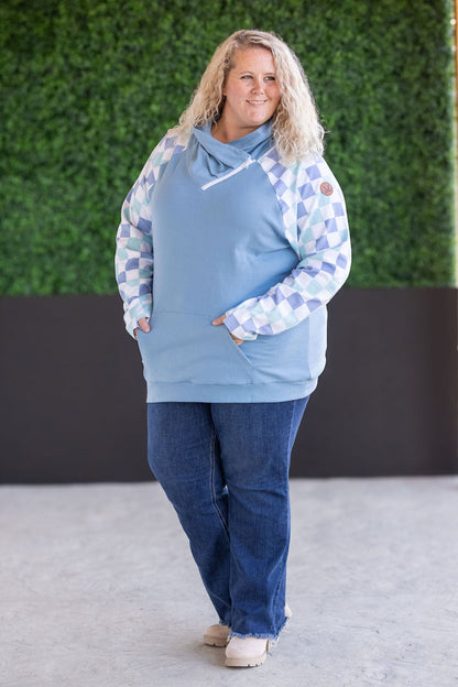 Zoey Zip Cowl Sweatshirt - Blue and Mint Checker MM EXCLUSIVE