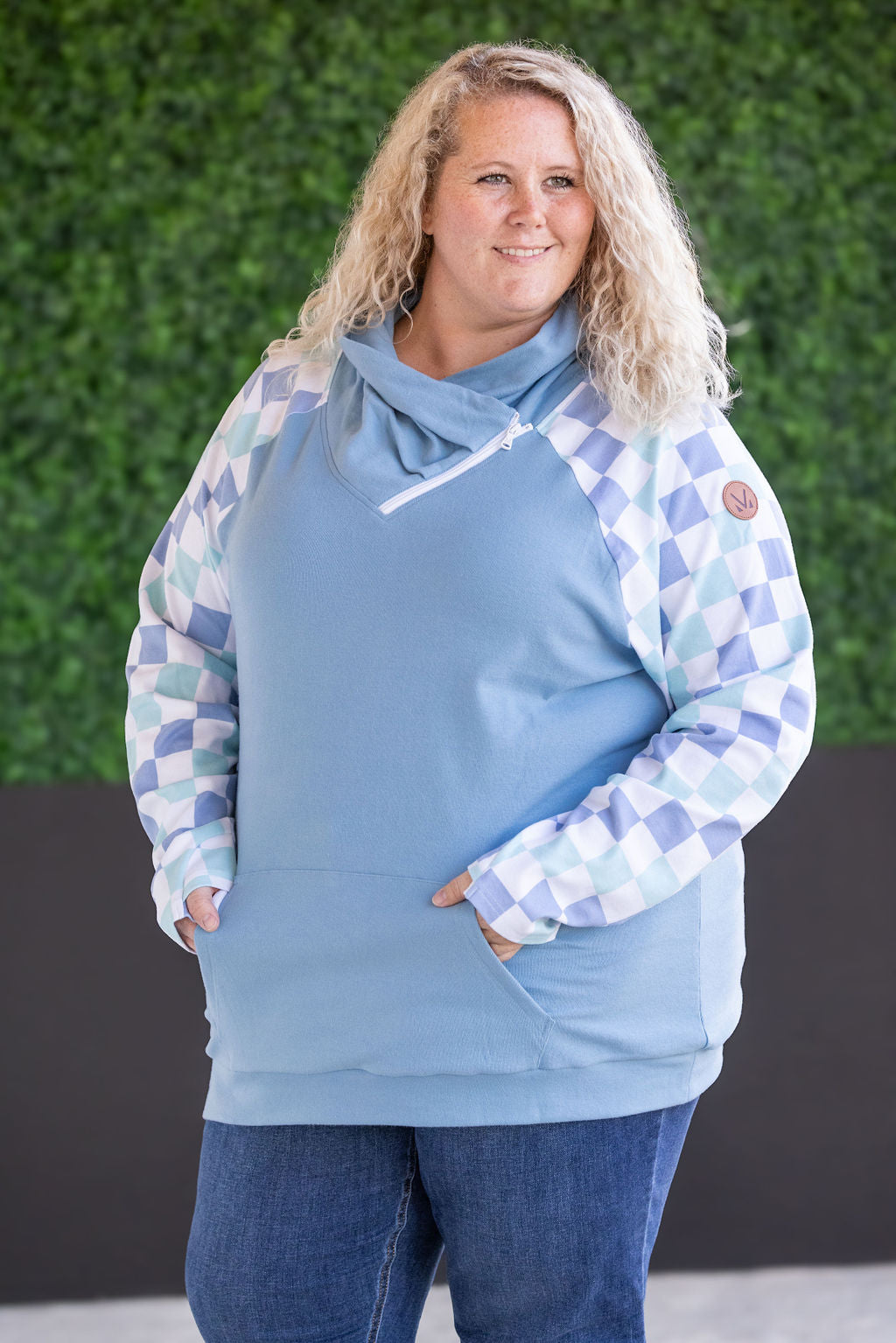 Zoey Zip Cowl Sweatshirt - Blue and Mint Checker MM EXCLUSIVE