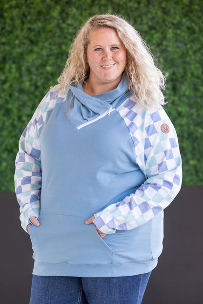 Zoey Zip Cowl Sweatshirt - Blue and Mint Checker MM EXCLUSIVE