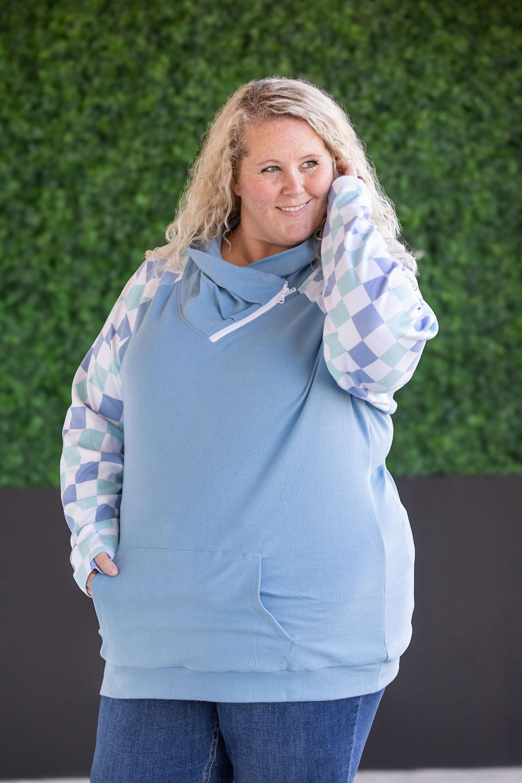 Zoey Zip Cowl Sweatshirt - Blue and Mint Checker MM EXCLUSIVE