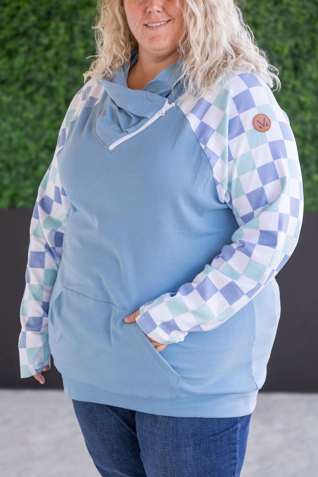 Zoey Zip Cowl Sweatshirt - Blue and Mint Checker MM EXCLUSIVE