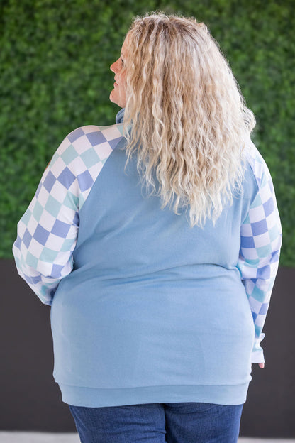 Zoey Zip Cowl Sweatshirt - Blue and Mint Checker MM EXCLUSIVE