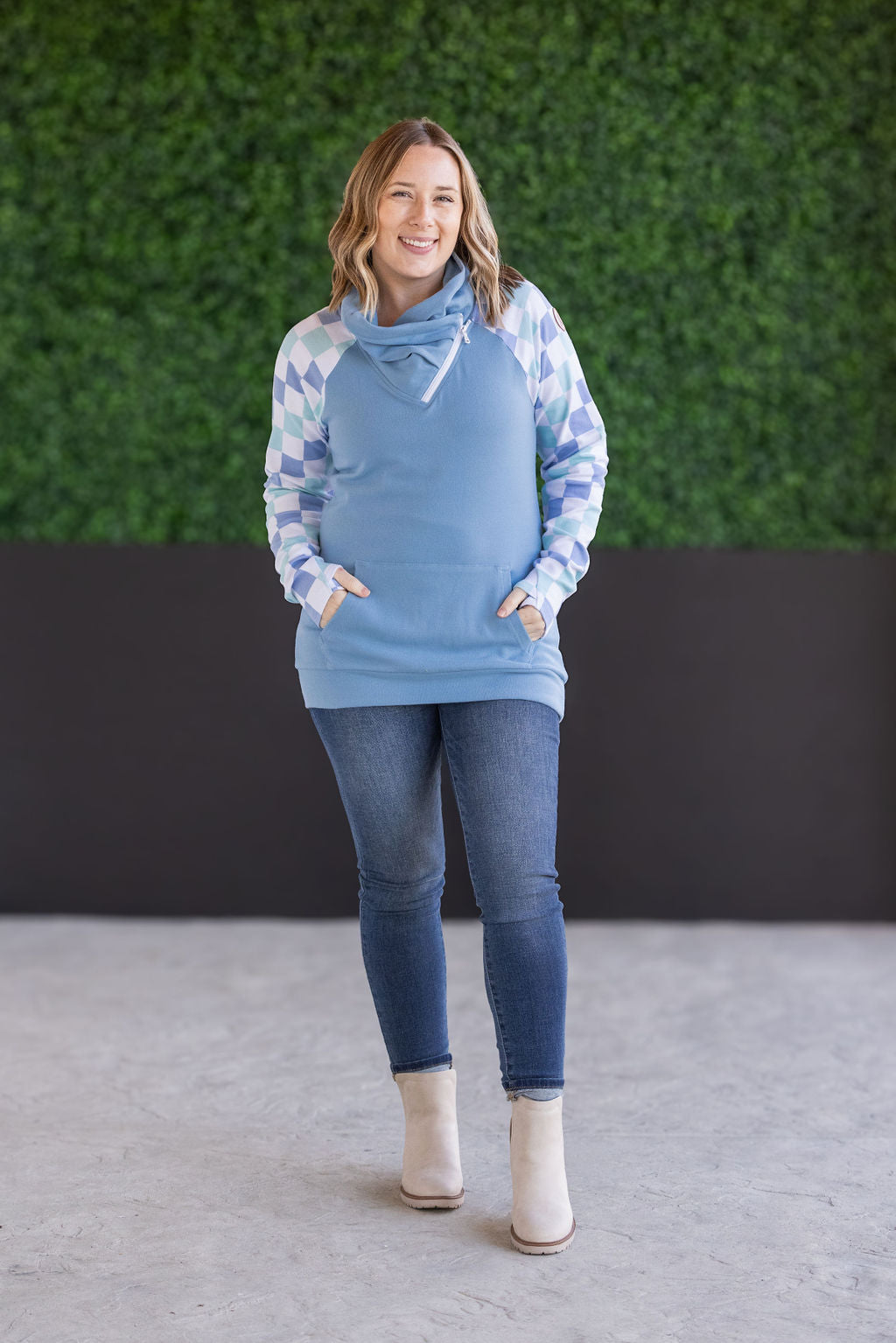 Zoey Zip Cowl Sweatshirt - Blue and Mint Checker MM EXCLUSIVE