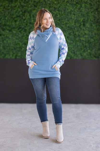 Zoey Zip Cowl Sweatshirt - Blue and Mint Checker MM EXCLUSIVE