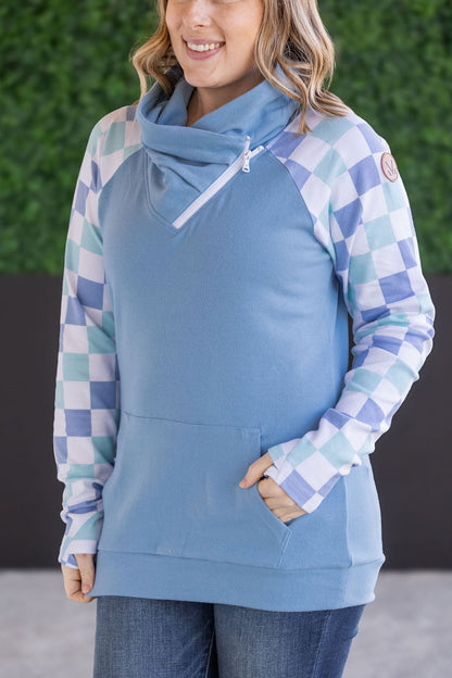 Zoey Zip Cowl Sweatshirt - Blue and Mint Checker MM EXCLUSIVE