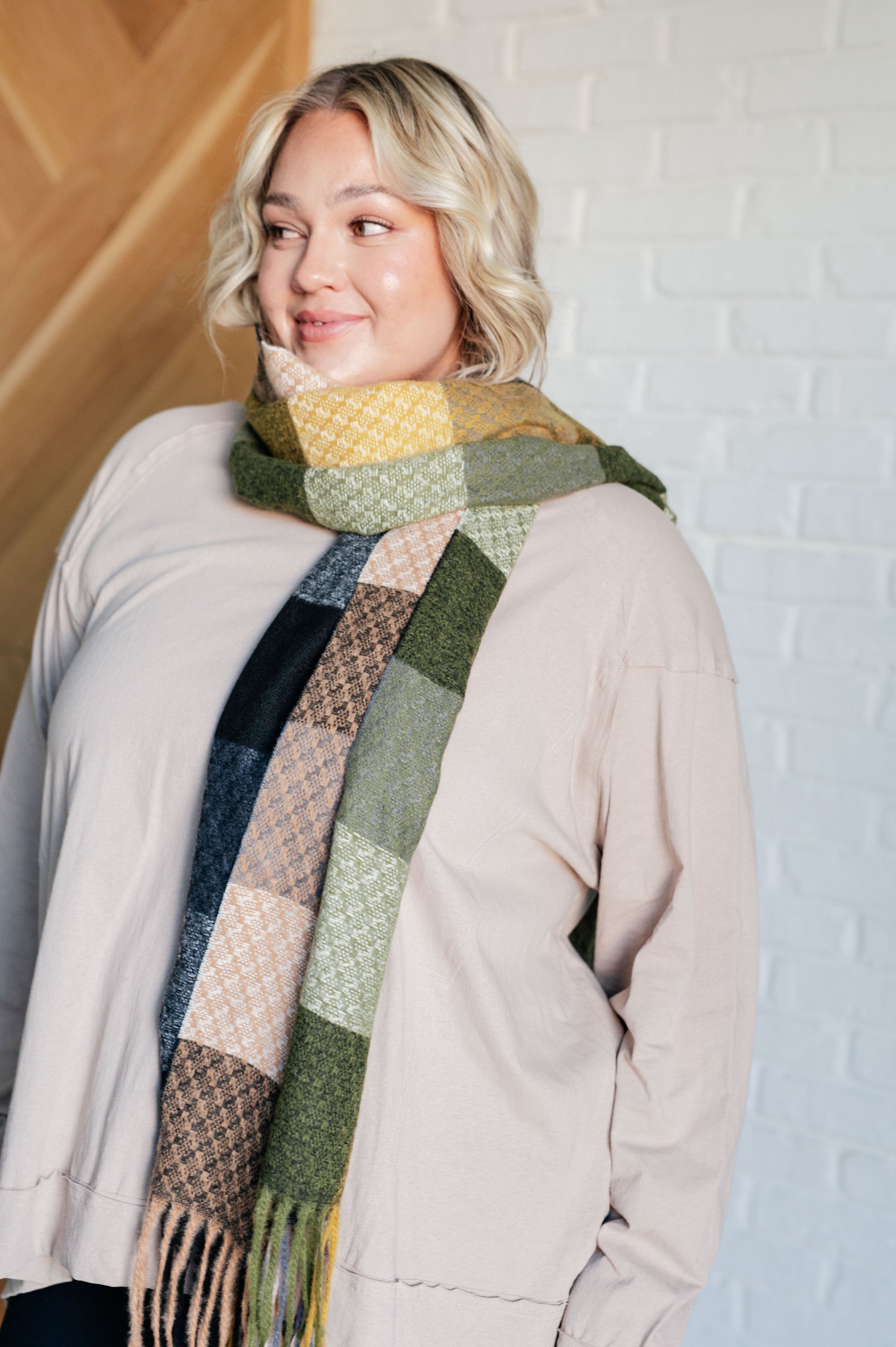 Keep Me Cozy Checkered Fringe Scarf in Woodland Shades Ave Shops