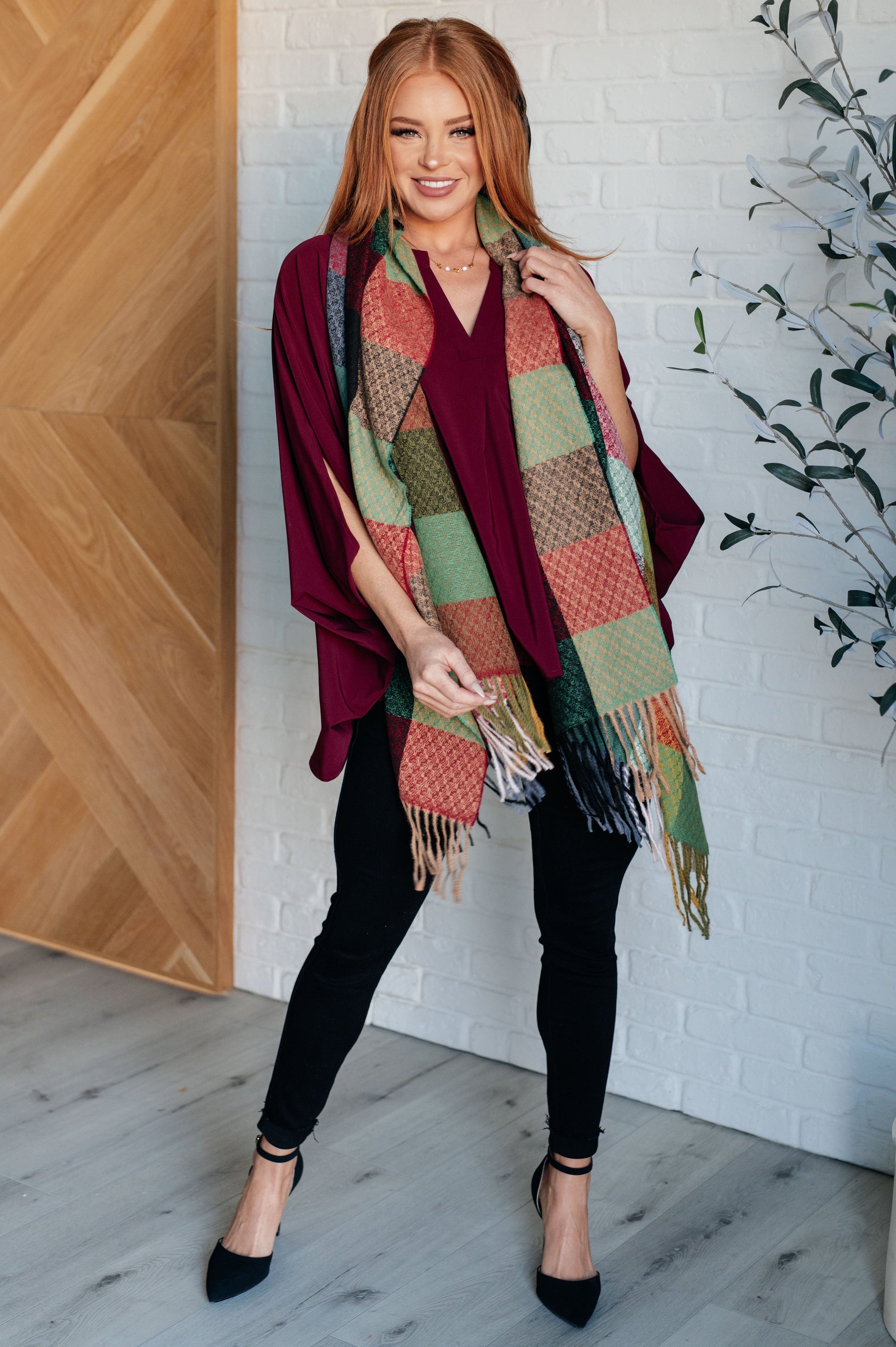 Keep Me Cozy Checkered Fringe Scarf in Berry Ave Shops