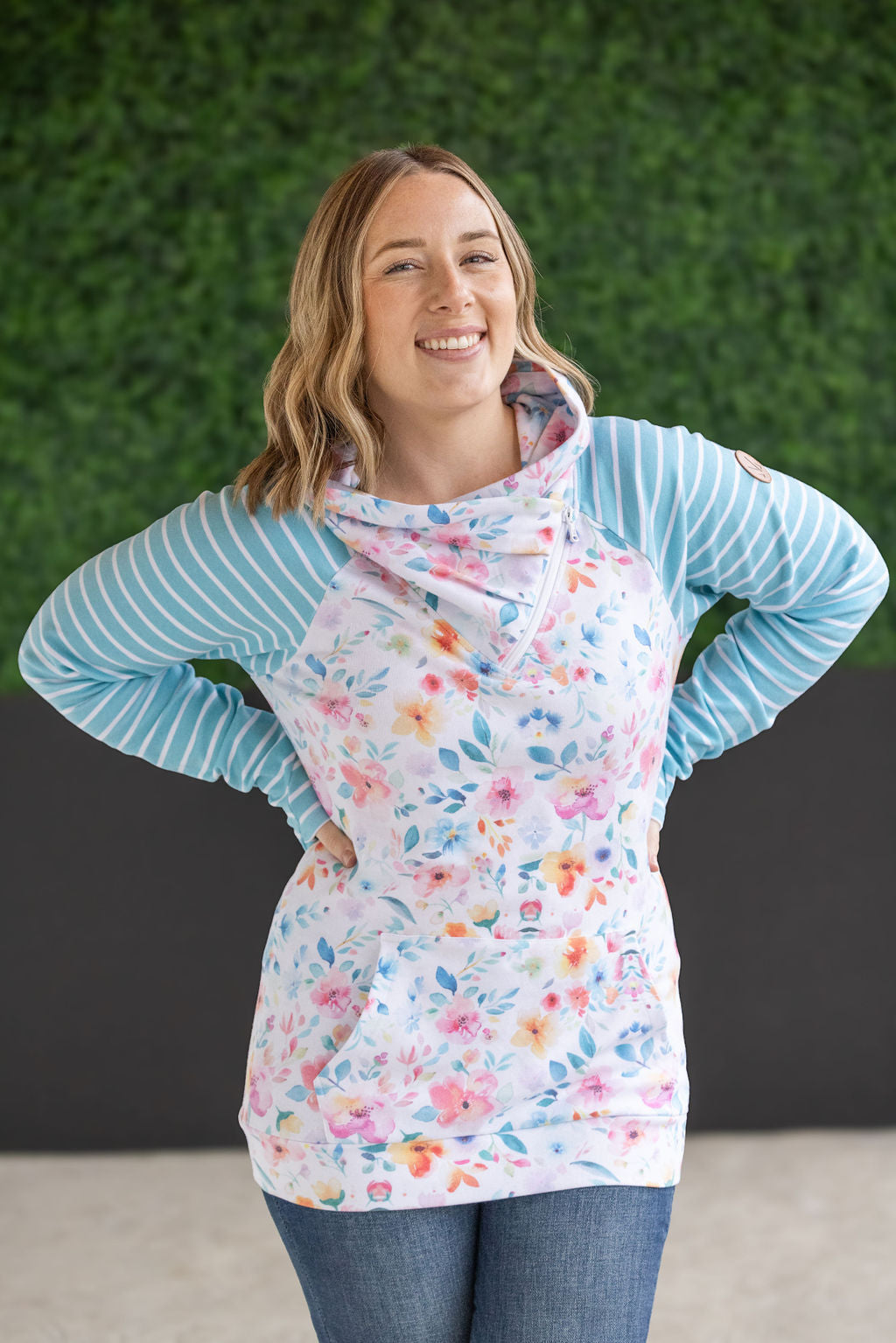 Zoey Zip Cowl Sweatshirt - Watercolor Floral and Stripes