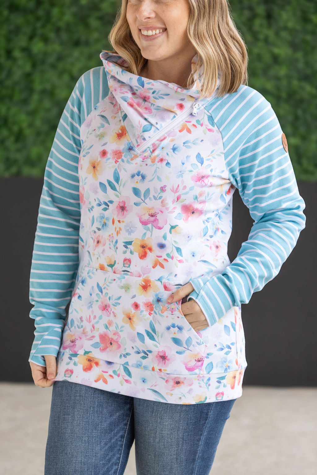 Zoey Zip Cowl Sweatshirt - Watercolor Floral and Stripes