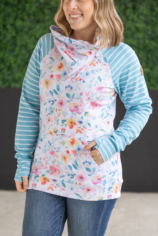 Zoey Zip Cowl Sweatshirt - Watercolor Floral and Stripes