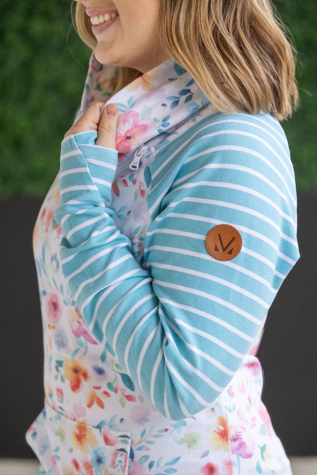 Zoey Zip Cowl Sweatshirt - Watercolor Floral and Stripes