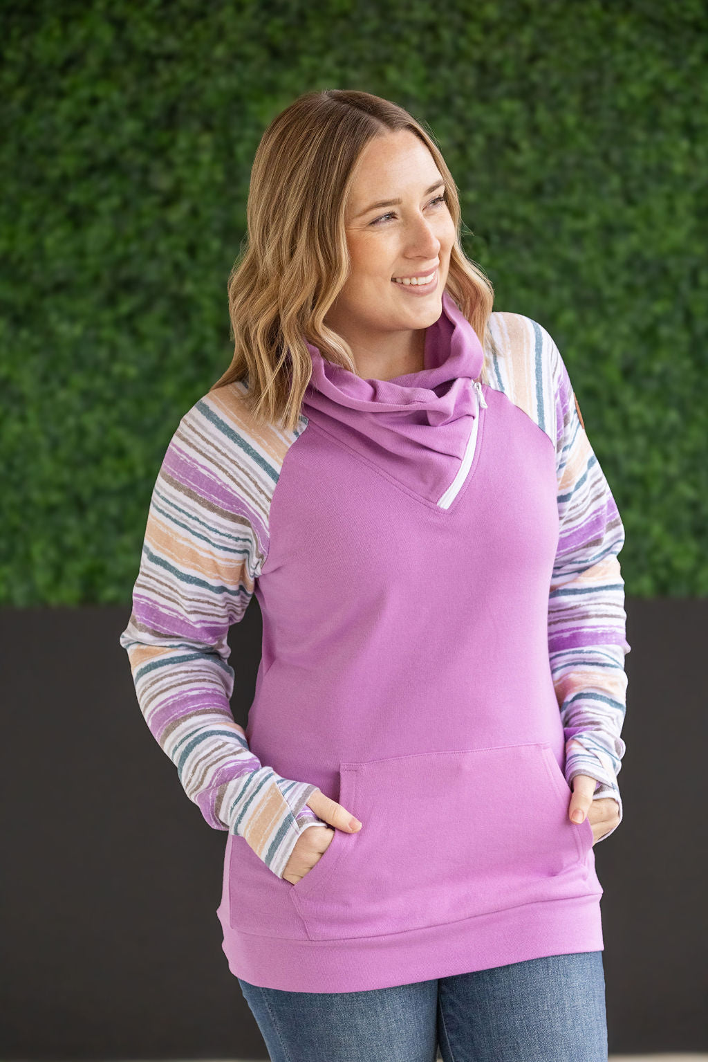 Zoey Zip Cowl Sweatshirt - Mauve and Stripes