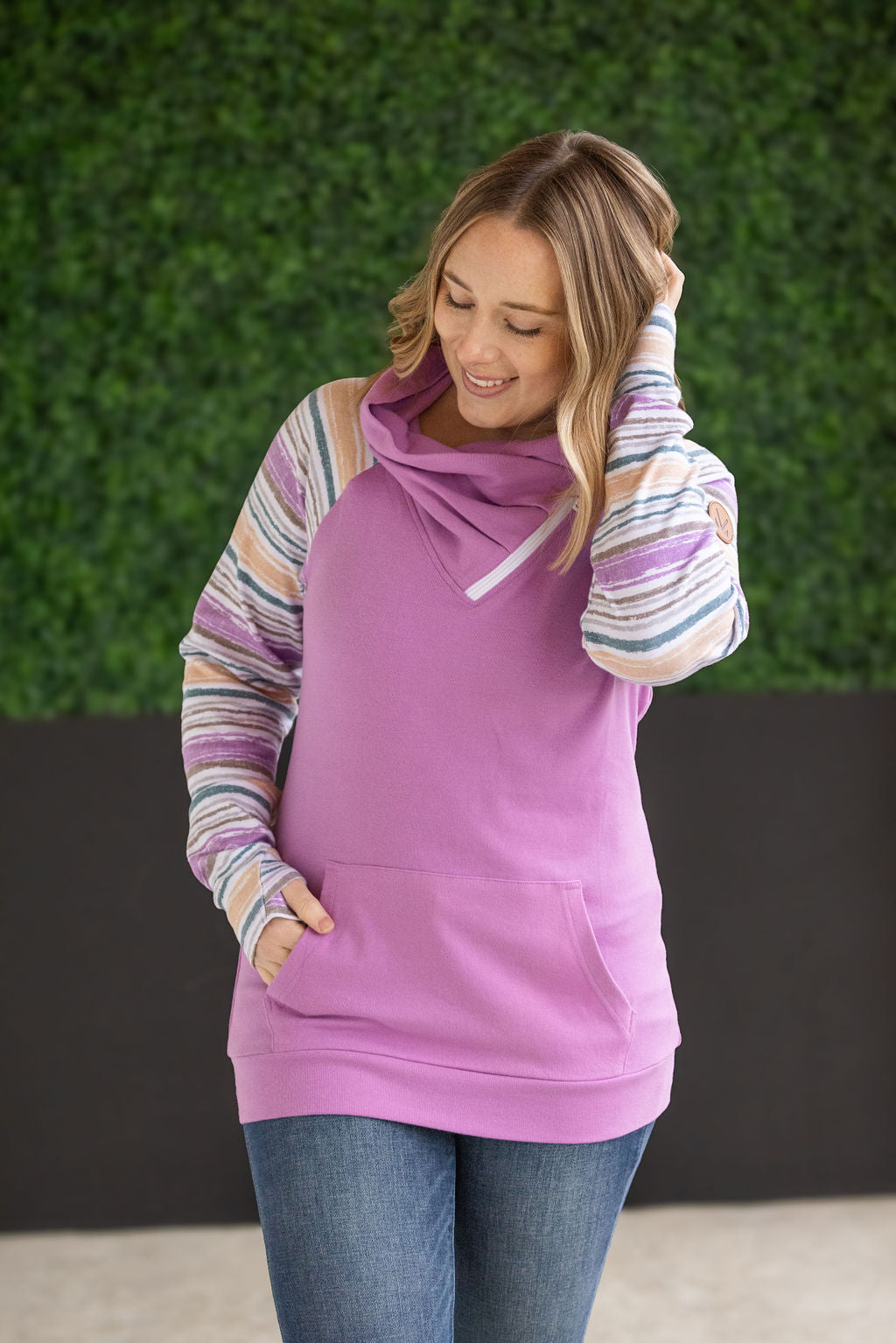 Zoey Zip Cowl Sweatshirt - Mauve and Stripes