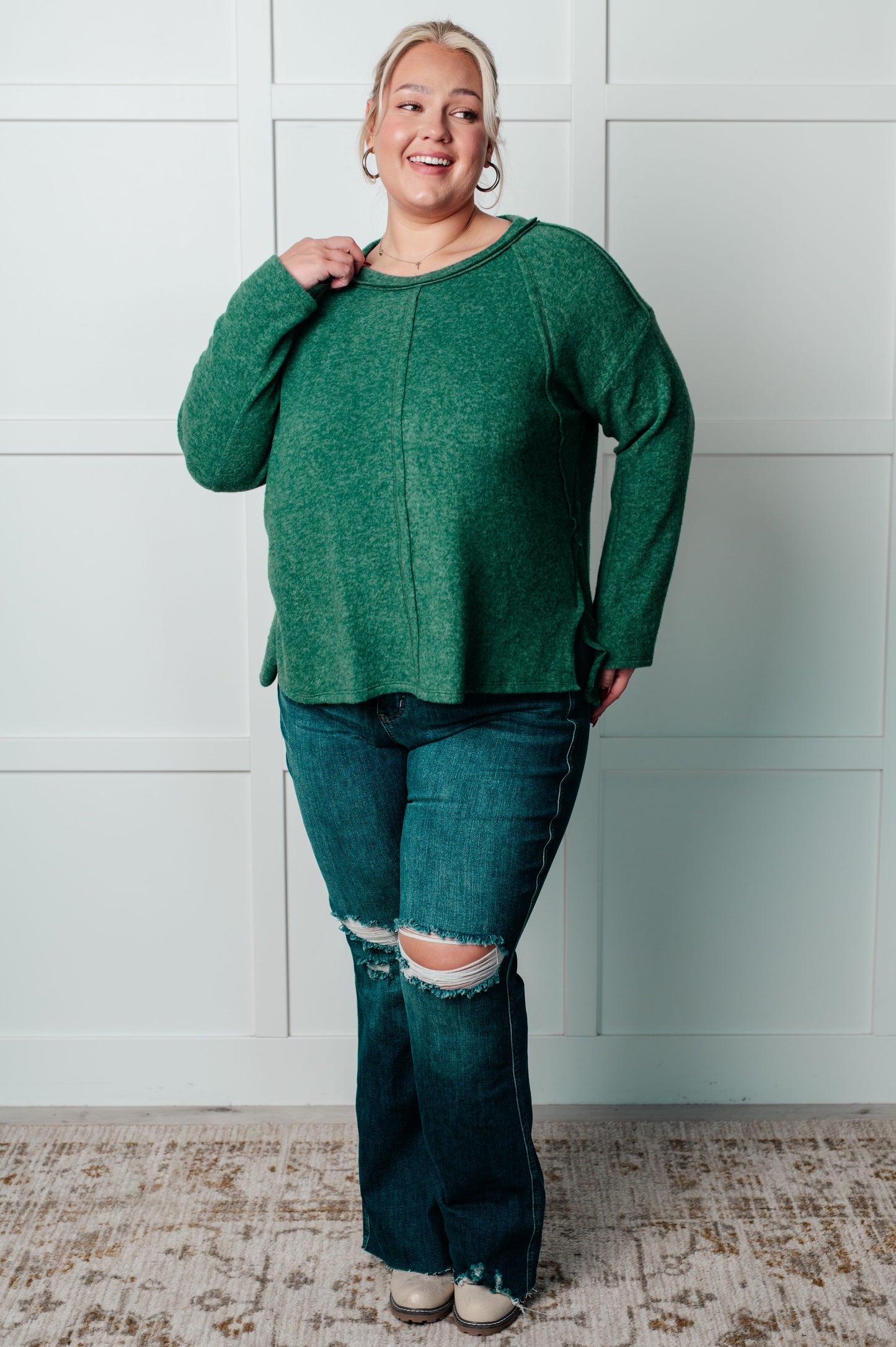 Simple Silhouette Brushed Hacci Sweater in Dark Green Ave Shops