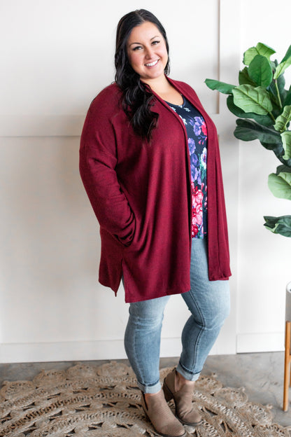 12.13 Cashmere Soft Open Front Cardigan With Pockets In Deep Heathered Burgundy Kiwidrop