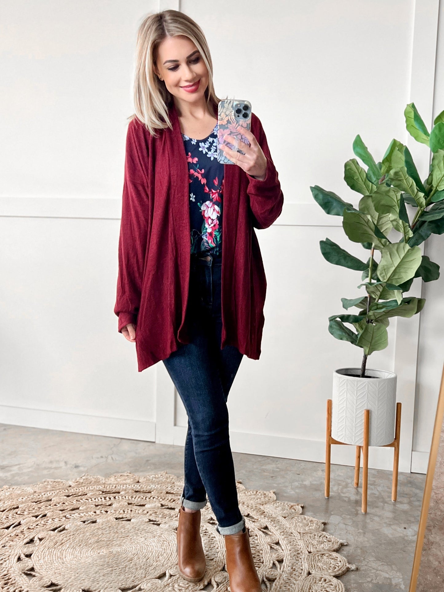 12.13 Cashmere Soft Open Front Cardigan With Pockets In Deep Heathered Burgundy Kiwidrop