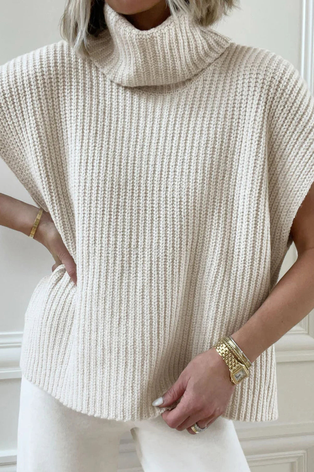 Slit Turtleneck Cap Sleeve Sweater Trendsi
