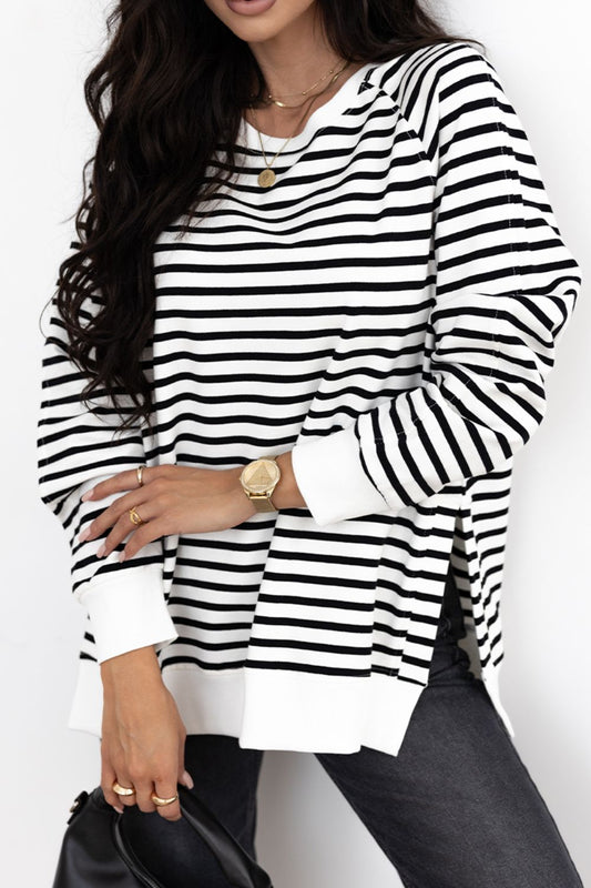 Side Slit Stripe Raglan Sleeve Sweatshirt Trendsi