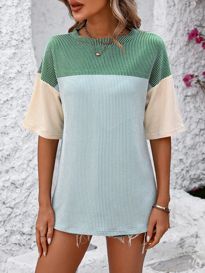 Color Block Round Neck Half Sleeve T-Shirt Trendsi