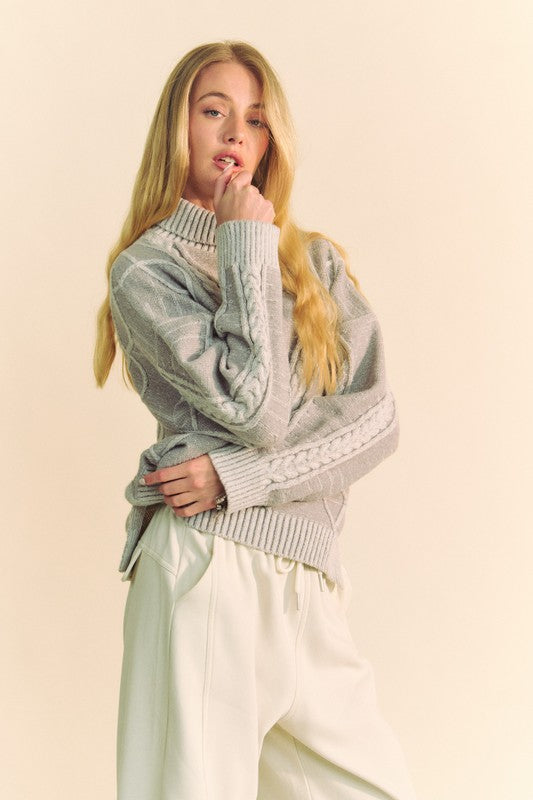 Davi & Dani Cable-Knit Turtleneck Dropped Shoulder Sweater Trendsi