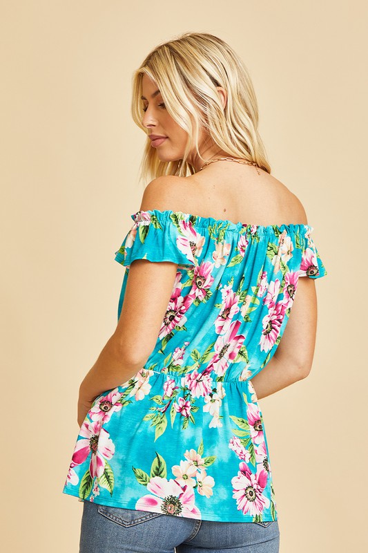 Off Shoulder Short Sleeve Top with Ruffles in Teal/Magenta Ave Shops