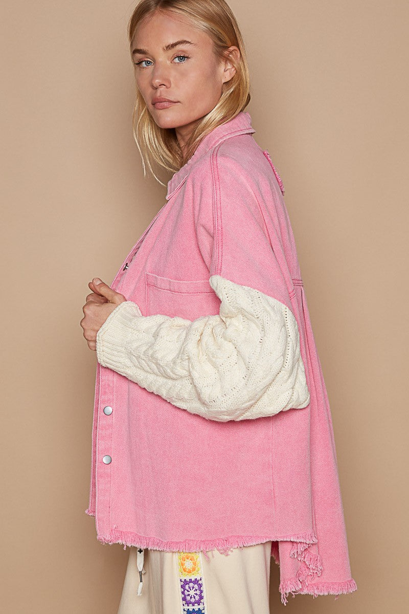 Contrast Sweater Sleeve Button Down Shacket Ave Shops