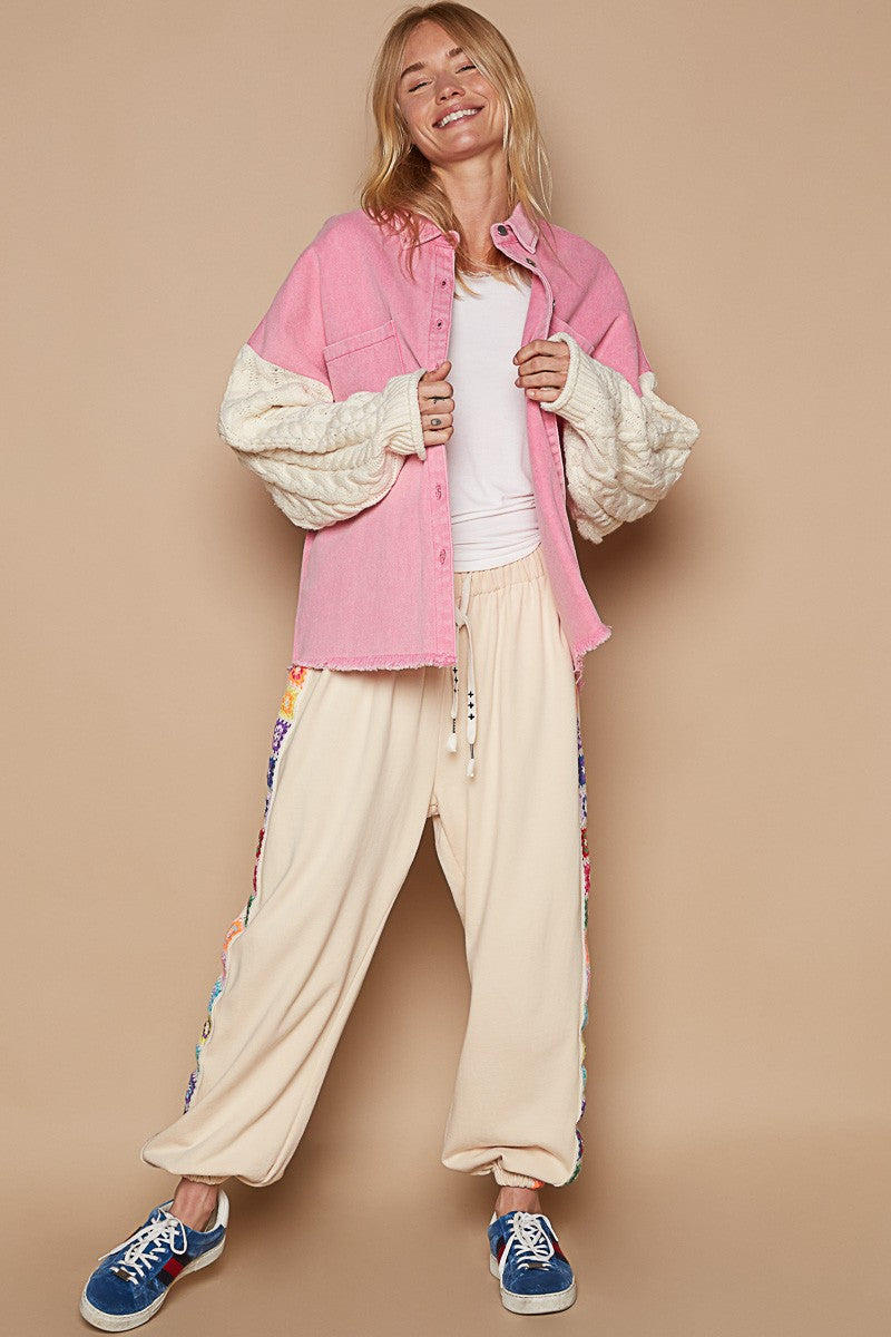 Contrast Sweater Sleeve Button Down Shacket Ave Shops
