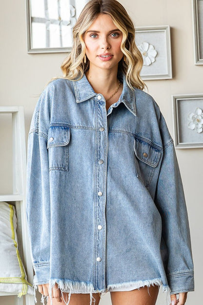 First Love Smile Face Button Down Raw Hem Denim Jacket Trendsi