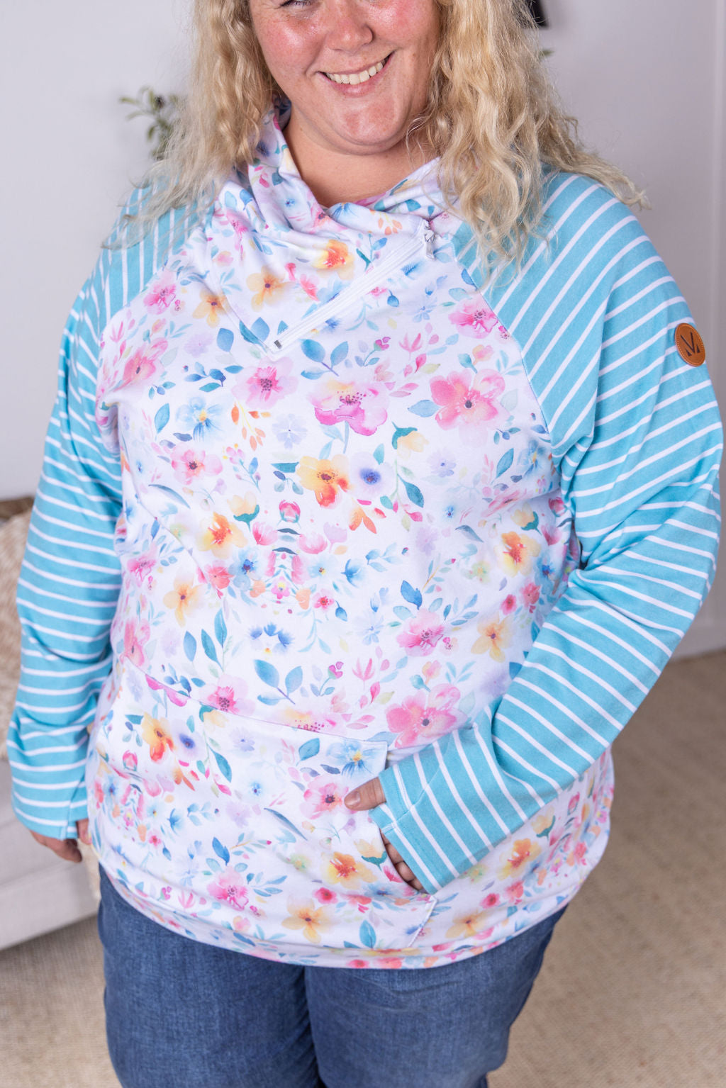 Zoey Zip Cowl Sweatshirt - Watercolor Floral and Stripes