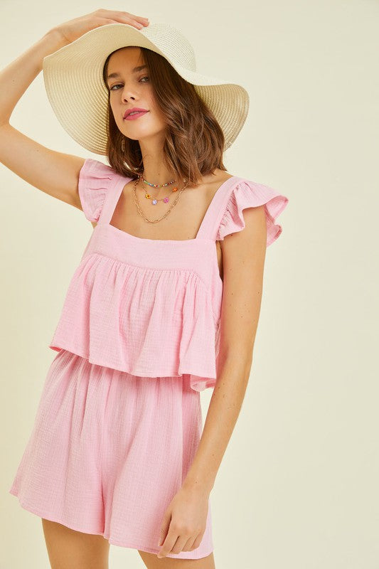 Gauze Square Neck Romper with Mini Ruffles on the Shoulder in Pink Ave Shops