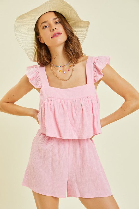 Gauze Square Neck Romper with Mini Ruffles on the Shoulder in Pink Ave Shops