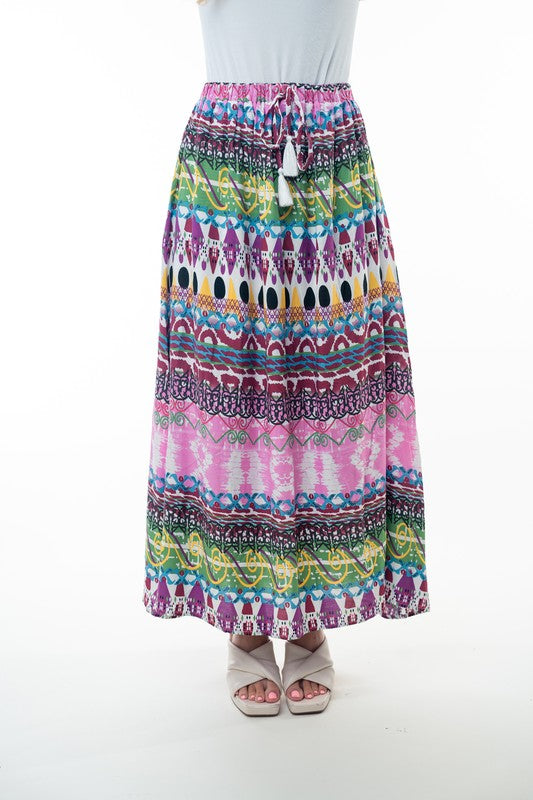 Printed Elastic Waist Band Long Skirt with Tassels in Pink Combo Ave Shops