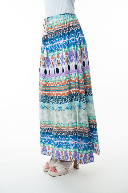 Printed Elastic Waist Band Long Skirt with Tassels in Sage Combo Ave Shops