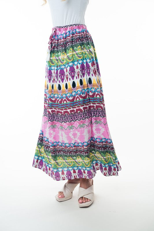 Printed Elastic Waist Band Long Skirt with Tassels in Pink Combo Ave Shops