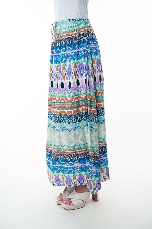 Printed Elastic Waist Band Long Skirt with Tassels in Sage Combo Ave Shops