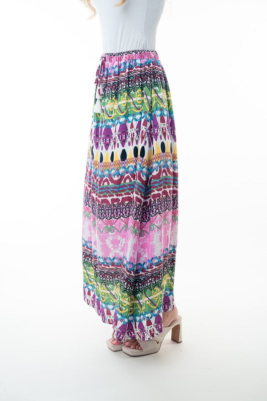 Printed Elastic Waist Band Long Skirt with Tassels in Pink Combo Ave Shops