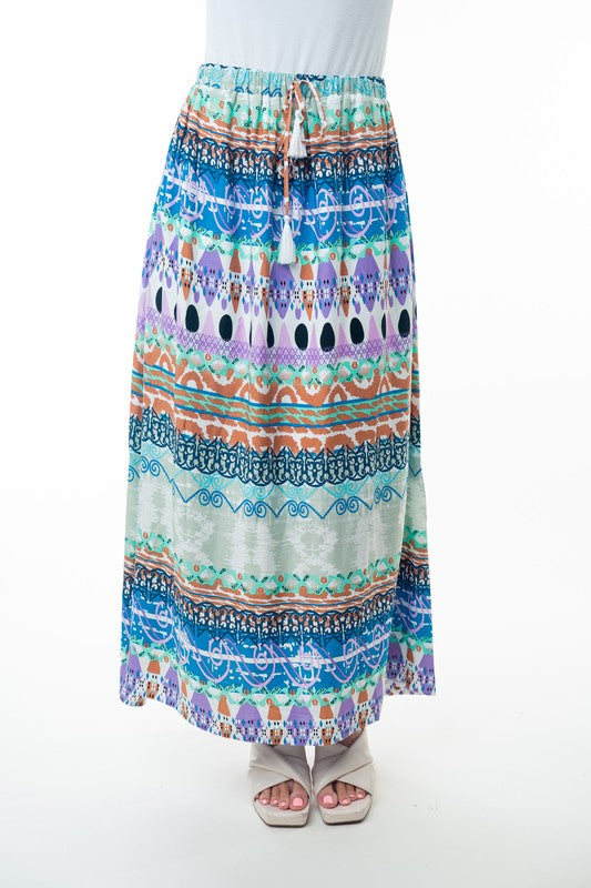 Printed Elastic Waist Band Long Skirt with Tassels in Sage Combo Ave Shops