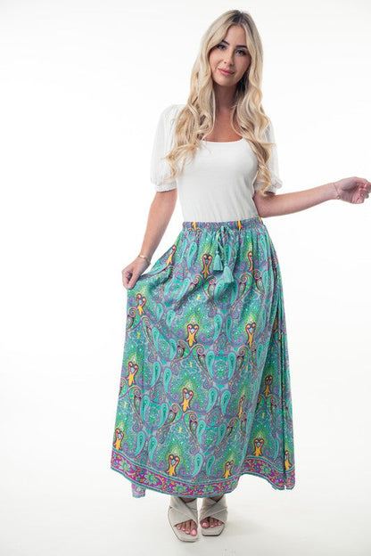 Printed Elastic Waist Band Long Skirt with Tassels in Mint Combo Ave Shops