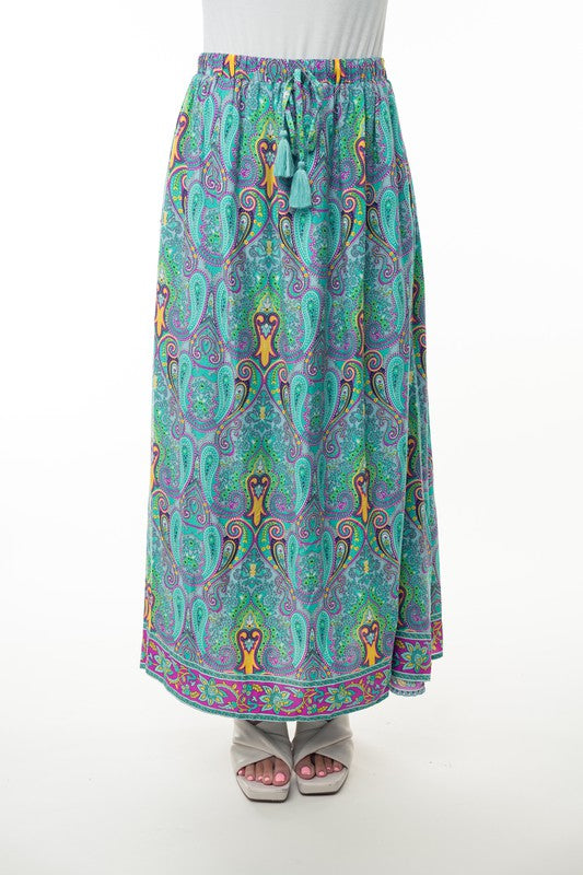 Printed Elastic Waist Band Long Skirt with Tassels in Mint Combo Ave Shops