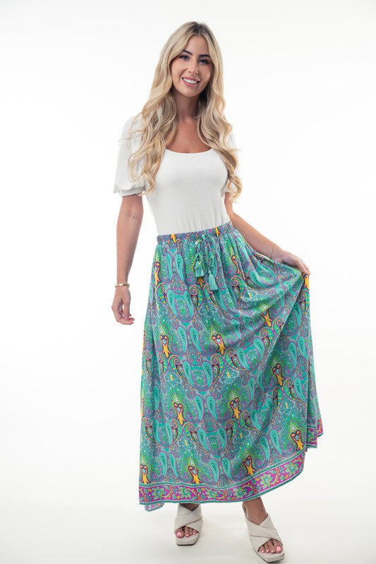 Printed Elastic Waist Band Long Skirt with Tassels in Mint Combo Ave Shops