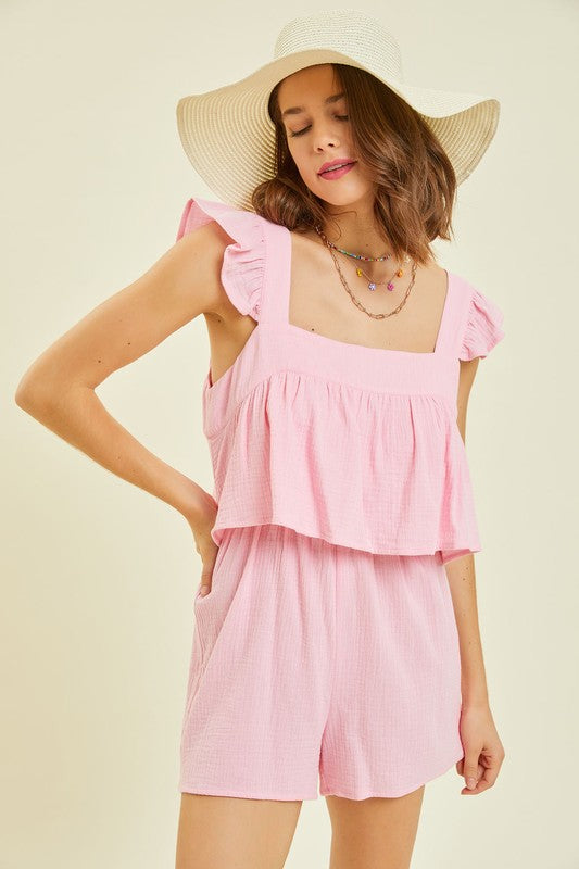 Gauze Square Neck Romper with Mini Ruffles on the Shoulder in Pink Ave Shops