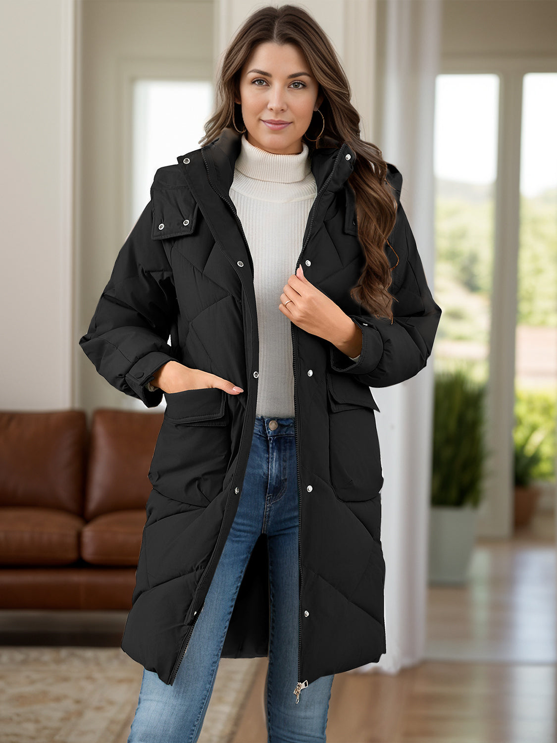 Long Sleeve Longline Hooded Winter Coat with Pockets Trendsi