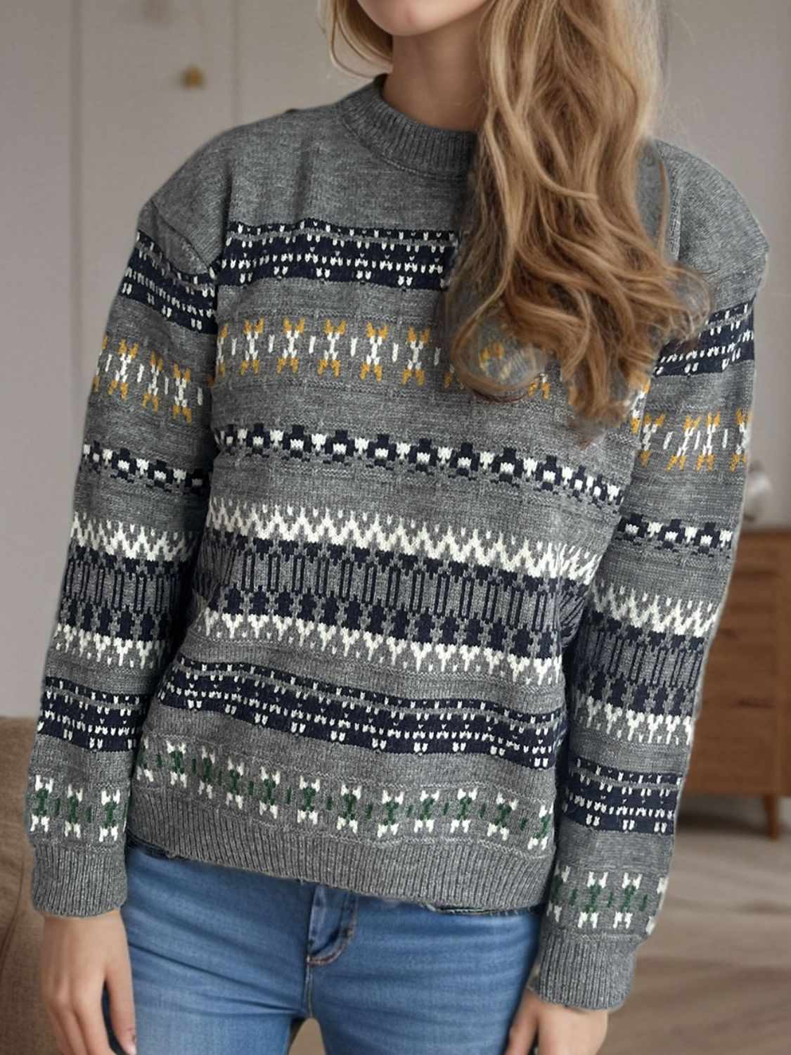 Geometric Round Neck Long Sleeve Sweater Trendsi