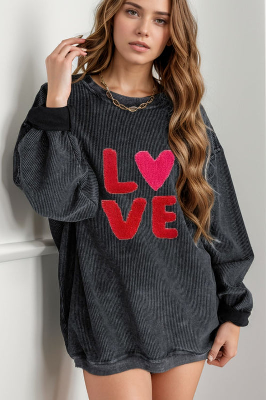 Valentine’s Day LOVE Round Neck Long Sleeve Sweatshirt Trendsi