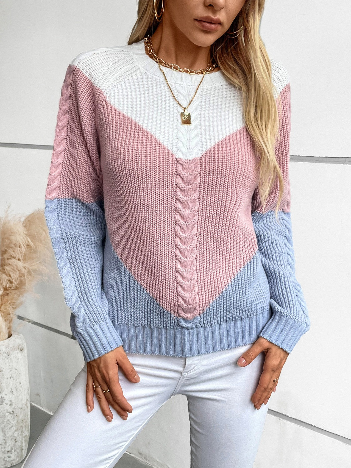 Color Block Round Neck Long Sleeve Sweater Trendsi