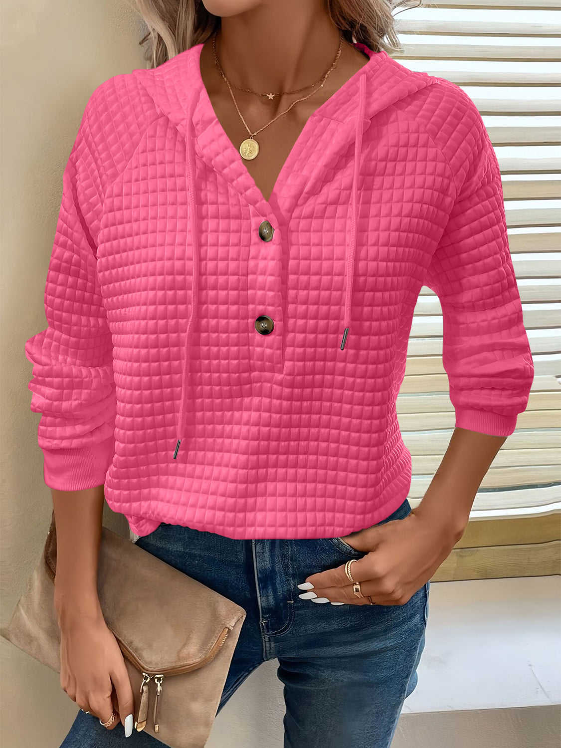 Full Size Texture Button Detail Drawstring Long Sleeve Hoodie Trendsi